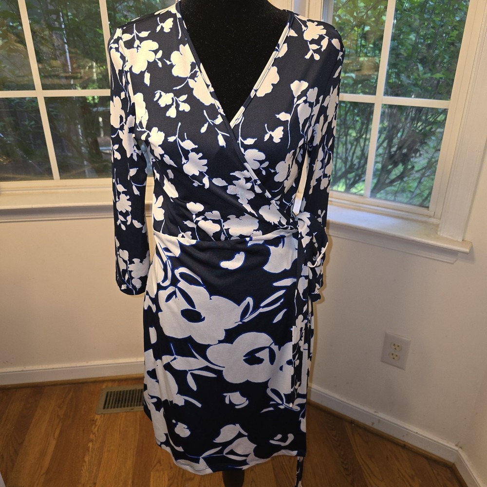 Charles Henry Floral Jersey Wrap Dress Blue & White Womens Size Medium